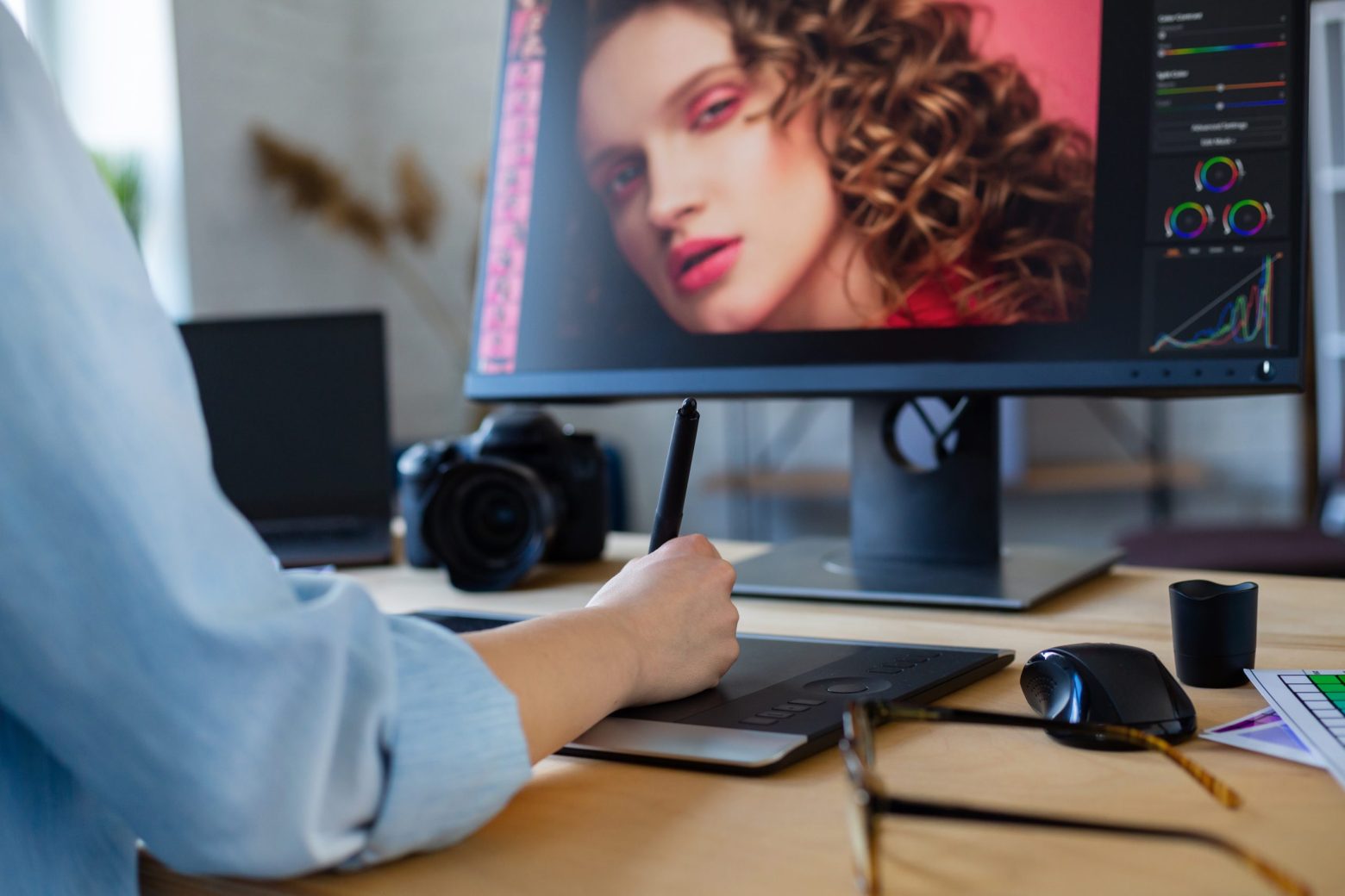 Close up portrait of graphic designer hands retouching images using graphic drawing tablet in special program. Laptop,monitor, and color palette. Retoucher workplace in photo studio. Creative agency